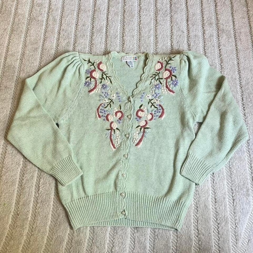 VTG 90s Claudia Barnes green floral cardigan Size S cottage boho fairy coquette